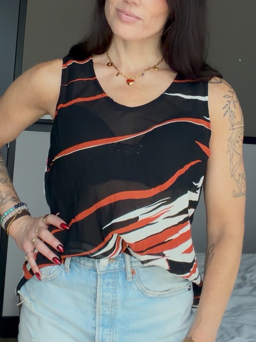Womens Black & Orange Wave Print Sheer Sleeveless blouse / flowy tank. Size M - Picture 2 of 15